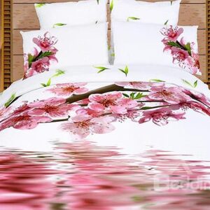 Pink Peach Blossom and Shadow in Water Print 4-Piece Cotton Duvet Cover Sets
