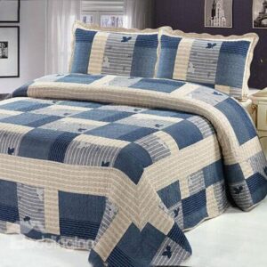 Concise Style Lake Blue Squares Beige 3-Piece Bed in a Bag Set