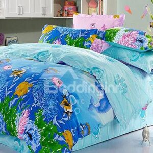 Colorful Fishes in Sea Print 4-Piece Cotton Kids Duvet Cover Sets