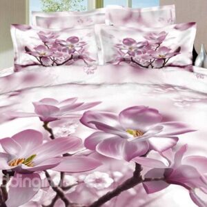 Wonderful Pink Magnolia Print 4-Piece Cotton 3D Duvet Cover Sets