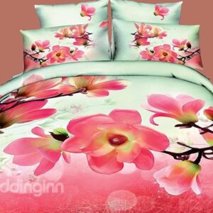 High Quality Red Flower Print 4-Piece Cotton 3D Duvet Cover Sets