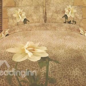 Fascinating Flower with Leopard Background Print 4-Piece Cotton 3D Duvet Cover Sets