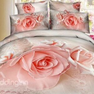 Wonderful Pink Rose Print 4-Piece Cotton 3D Duvet Cover Sets