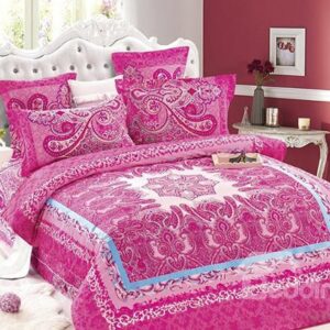 Luxury Court Style Pink Flower Pattern 4-Piece Cotton Duvet Cover Sets