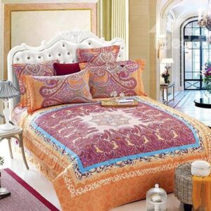 Luxury Court Style Orange Flower Pattern 4-Piece Cotton Duvet Cover Sets