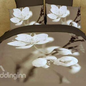 Pure White Pear Blossom Print 4-Piece Cotton Duvet Cover Sets