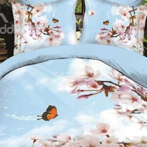 Butterfly Flying to the Flowers Print 4-Piece Polyester Duvet Cover Sets