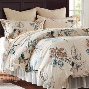 Rural Flower and Birds Print 4-Piece Cotton Duvet Cover Sets