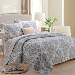 Clumps of Blue and Beige Flowers Pattern Ultra Comfortable 3-Piece Bed in a Bag Set