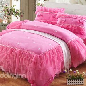 Hot Selling Pink Lace Pattern 4-Piece Cotton Princess Duvet Cover Sets