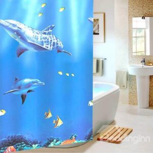 Adorable Swimming Dolphin Print Blue Shower Curtain