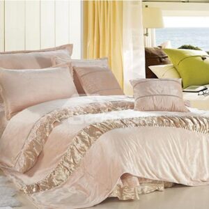 Golden Satin Patched Rose Patten Lace Trim 4-Piece Duvet Cover Sets