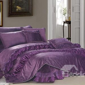 Dark Purple Satin Patched Rose Patten Lace Trim 4-Piece Duvet Cover Sets