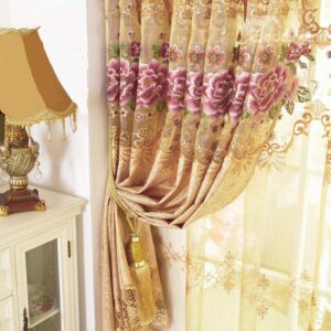 New Arrival Luxury Golden Peony Floral Pattern Pleated Sheer Curtain