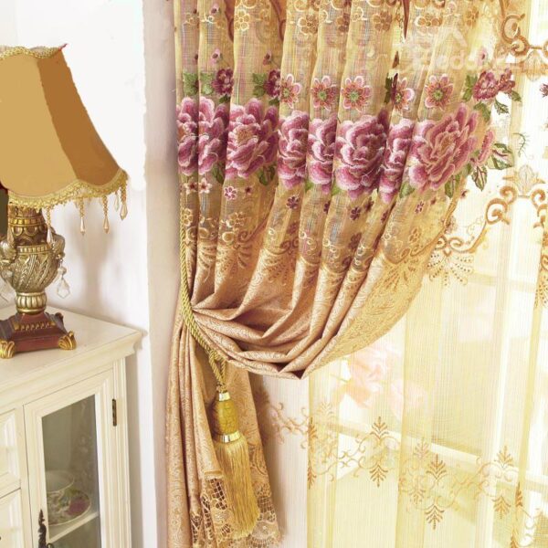 New Arrival Luxury Golden Peony Floral Pattern Pleated Sheer Curtain