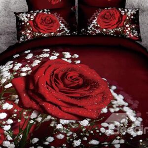 Top Class Red Rose and Floral Print 4-Piece Cotton Duvet Cover