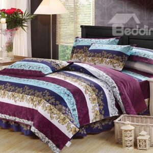 Refined Flower in a Row Print 4-Piece Cotton Duvet Cover Sets