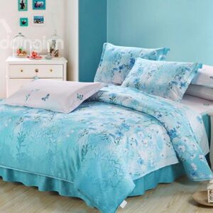Adorable Blue Flowers and Butterflies Print 4-Piece Cotton Duvet Cover Sets