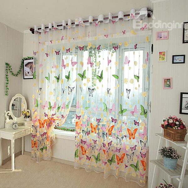 New Arrival Colorful Butterfly Print Grommet Top Sheer Curtain