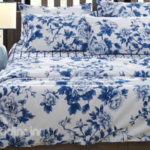 Blue and White Porcelain Flower Print 4-Piece Egypt Long-Staple Cotton Duvet Cover Sets