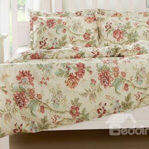 Luxuriant Wild Flower Print 4-Piece Natural Cotton Duvet Cover Sets