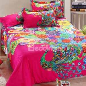 Stunning Peacock Showing Tail Print 4-Piece Cotton Duvet Cover Sets