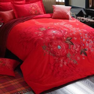Peacock and Flower Print 4-Piece Cotton Duvet Cover Sets