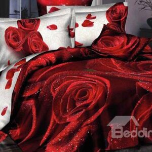 Amazing Red Rose Print 4-Piece Cotton Duvet Cover Sets