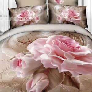 Vivid Blossoming Pink Rose Print 4-Piece Cotton Duvet Cover Sets