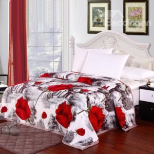 Mink Cashmere Attractive Red Rose Pattern Ultra Comfortable Blanket