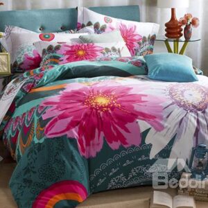 Beautiful White and Pink Flower Print 4-Piece Cotton Duvet Cover Sets