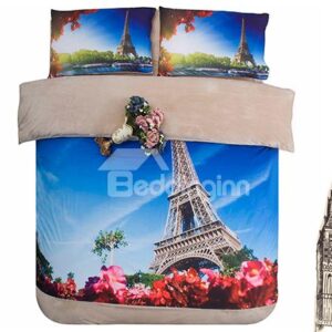 Eiffel Tower and Red Flower Print 4-Piece Coral Fleece Duvet Cover Sets