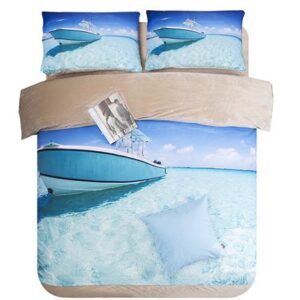 Yacht and Clear Water Print 4-Piece Comfy Coral Fleece Duvet Cover Sets
