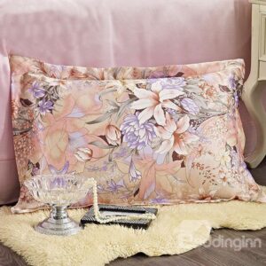Nude Color Peony and Purple Lily Pattern Mulberry Silk One Bed Pillow Case