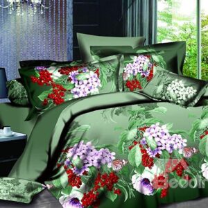 Purple Flower and Red Fruit Print 4-Piece Polyester Duvet Cover Sets