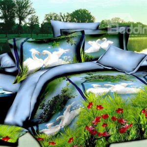 White Swan Couples Playing in the Water Print 4-Piece Polyester Duvet Cover Sets