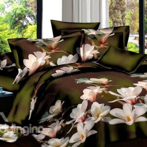 Wonderful White Flower Print 4-Piece Polyester Duvet Cover Sets