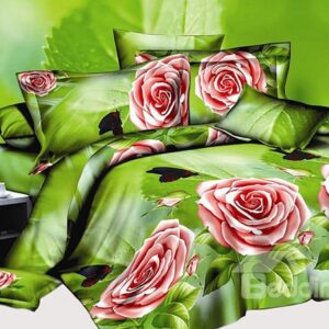 Black Butterfly and Red Rose Print 4-Piece Polyester Duvet Cover Sets