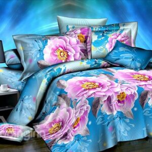 Pink Peony Print 4-Piece Polyester Duvet Cover Sets