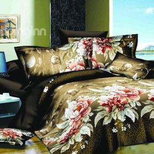 Luxury Graceful Flower Print 4-Piece Polyester Duvet Cover Sets