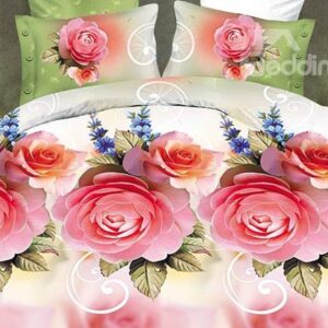 Elegant Pink Rose Print 4-Piece Polyester Duvet Cover Sets