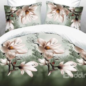 Noble Magnolia Flower Print 4-Piece Polyester Duvet Cover Sets