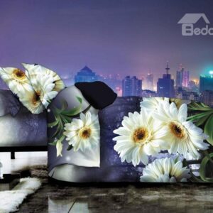 Pretty Daisy Flower in Darkness Print 4-Piece Polyester Duvet Cover Sets