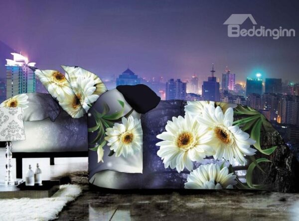 Pretty Daisy Flower in Darkness Print 4-Piece Polyester Duvet Cover Sets