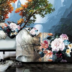 Fancy Flower and Tree Print 4-Piece Polyester Duvet Cover Sets