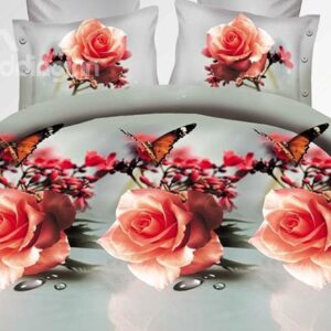 Flying Butterfly and Rose Print 4-Piece Polyester Duvet Cover Sets