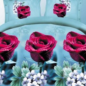 Dark Red Rose Print 4-Piece Polyester Duvet Cover Sets