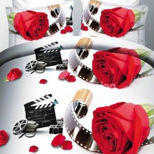 Red Rose and Film Print 4-Piece Polyester Duvet Cover Sets