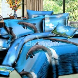Dolphin Jumping Out of the Water Print 4-Piece Polyester Duvet Cover Sets