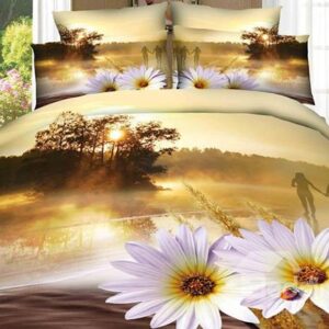 Sunset River and Flower Print 4-Piece 100% Cotton Duvet Cover Sets